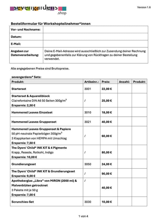 Seite 1 Bestellformular sevengardens.shop für Workshopteilnehmer*innen