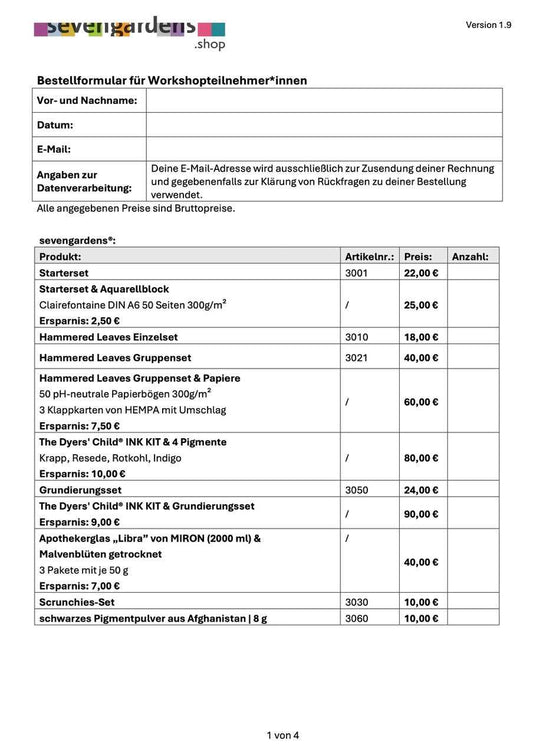 Seite 1 Bestellformular sevengardens.shop für Workshopteilnehmer*innen