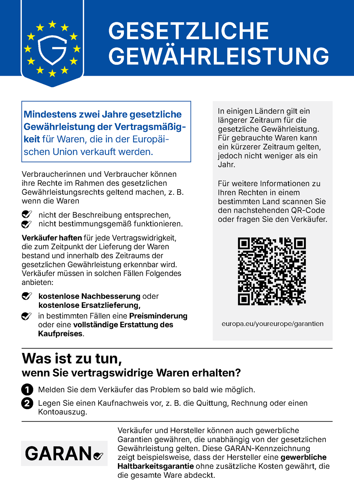 Deutsches Gewährleistungs-Label mit Hinweis auf die gesetzliche Gewährleistung