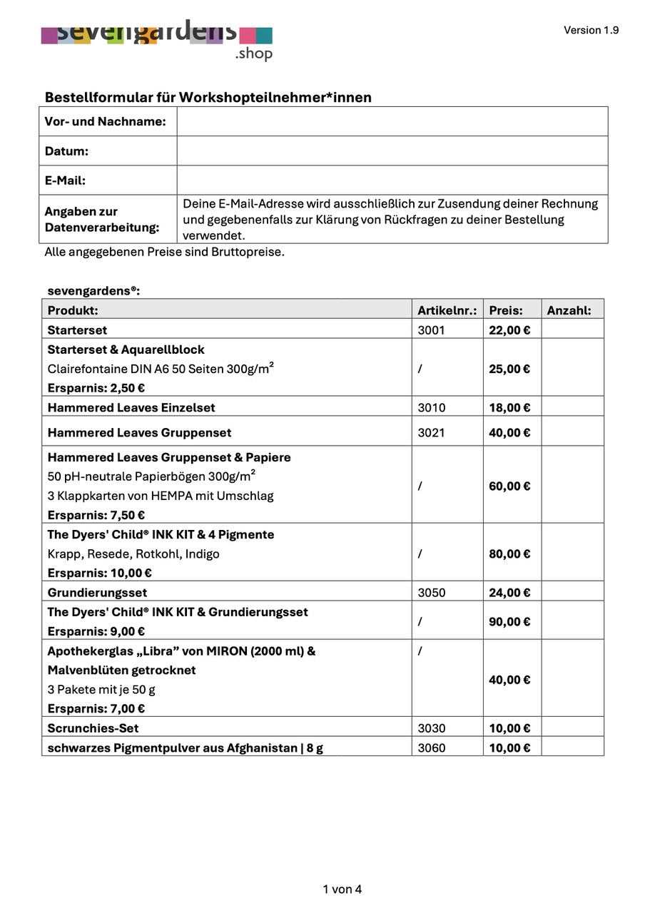 Seite 1 Bestellformular sevengardens.shop für Workshopteilnehmer*innen